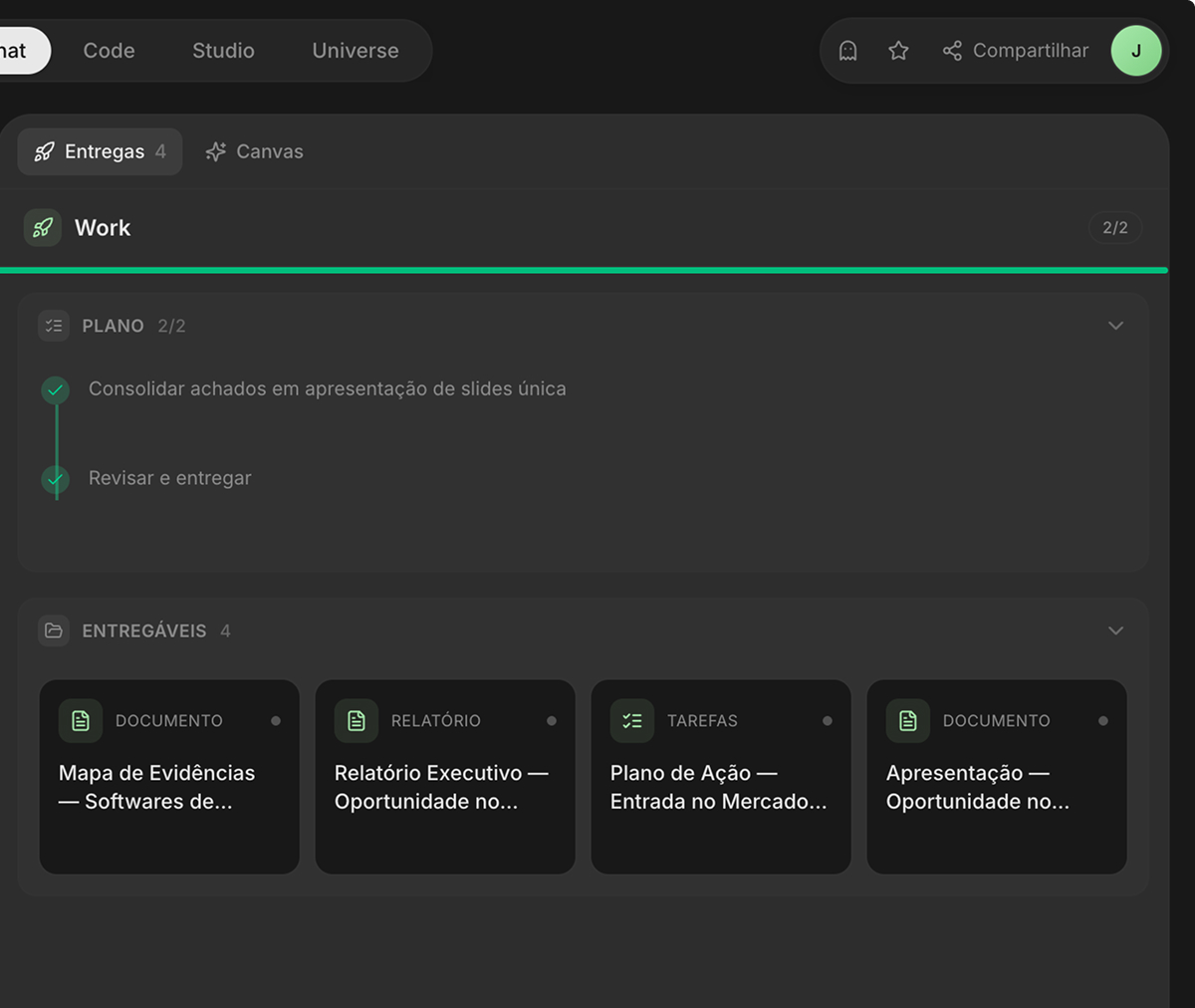Painel do agente Work com plano concluído e entregáveis do projeto